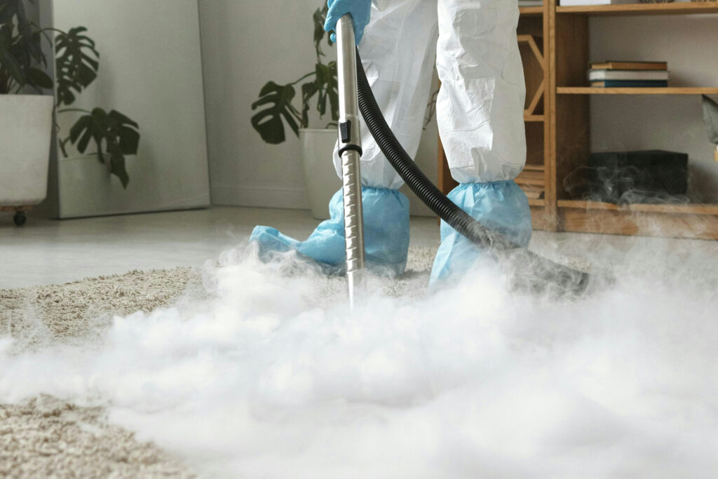 Deep cleaning service using steam cleaning equipment on a carpeted floor