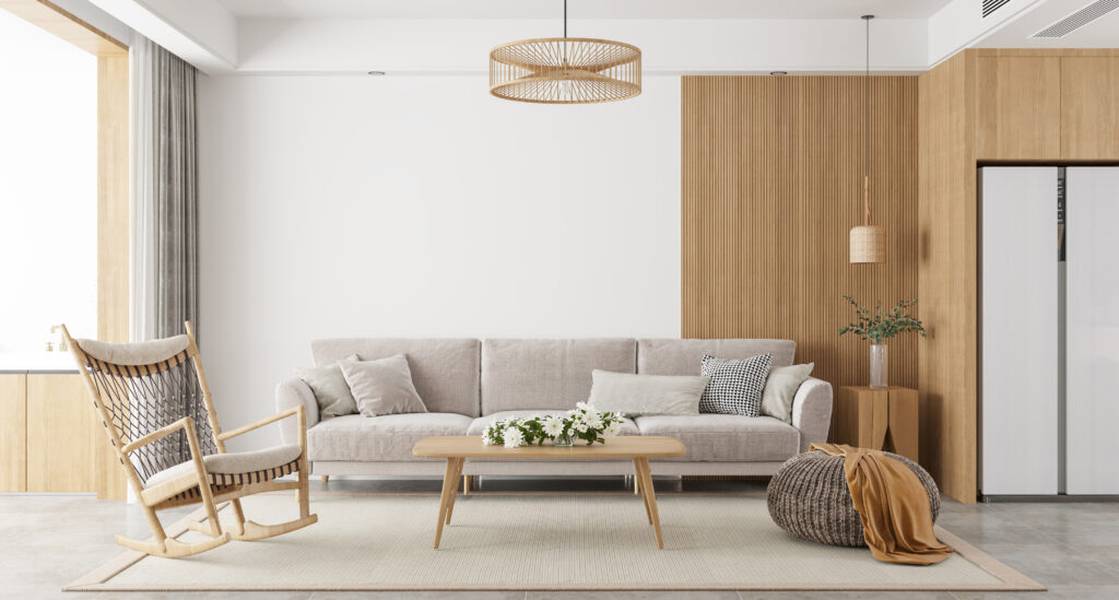 Modern neutral living room interior with warm wood finishes and natural lighting
